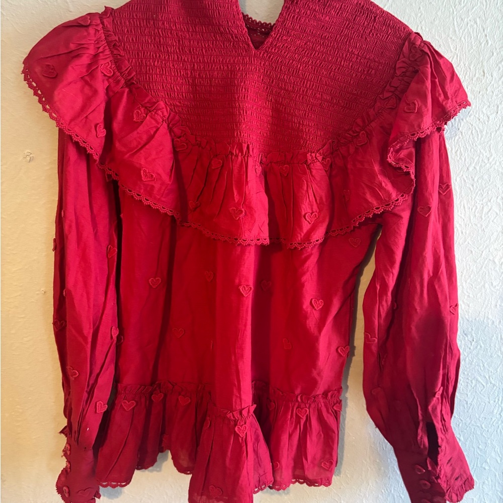 FARM Rio Crimson Ruffled Smocked-Neck‎ Blouse - Picture 3 of 6